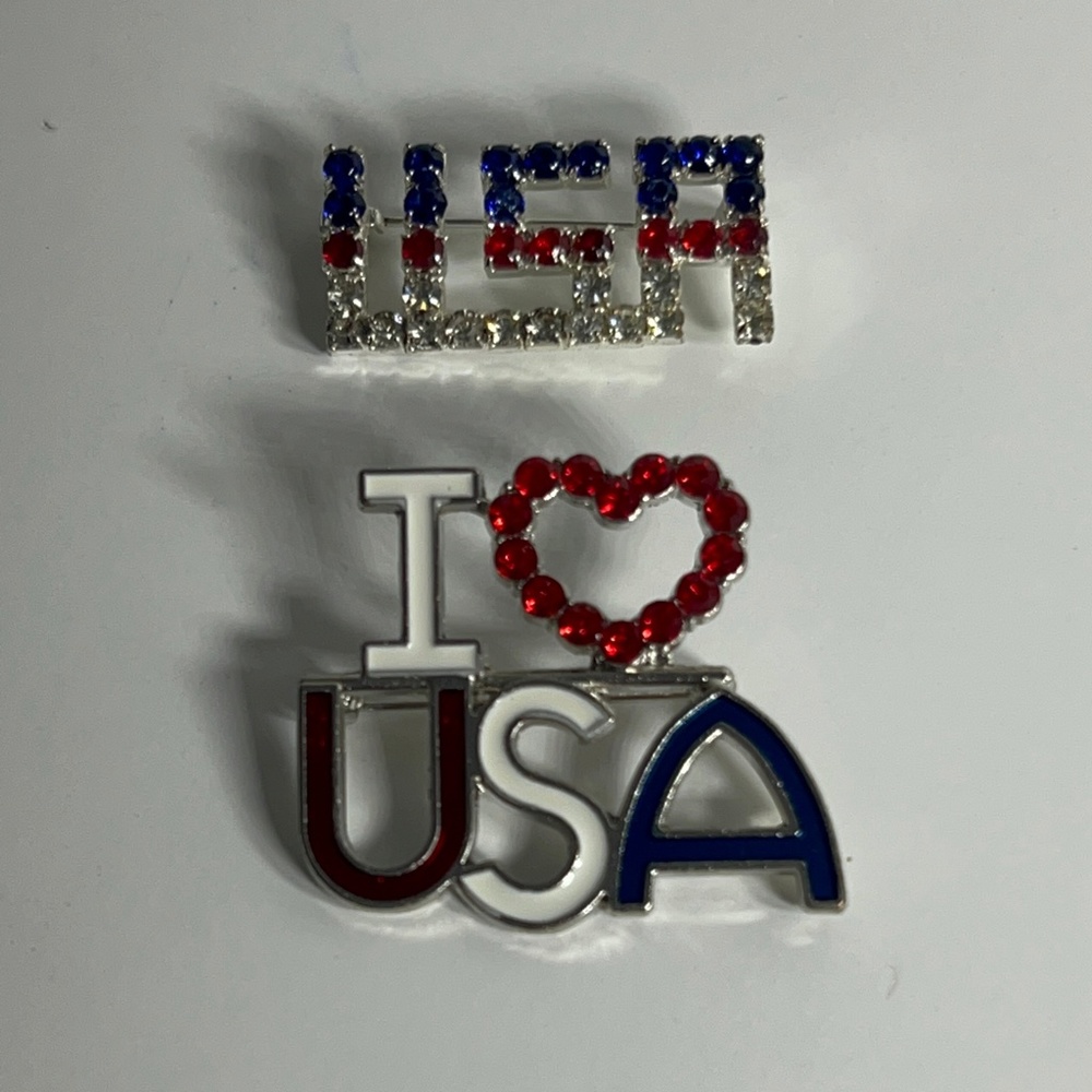Two Vintage Rhinestone Brooches One is I ♥️ USA and the other is USA